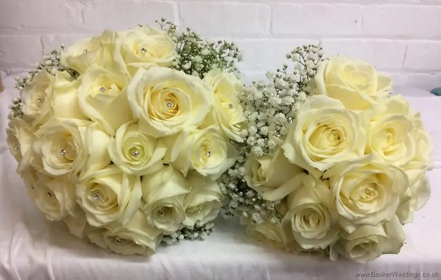 All Cream rose & diamante bridal bouquet and bridesmaid rose and gypsy grass bouquet to match_top