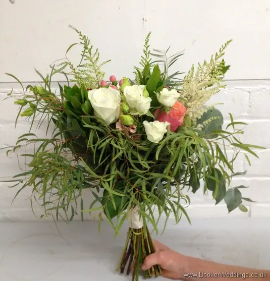 Cream, Coral and Burgundy Wild Flower and Foliage Bridal Bouquet with Roses, Lissianthus, Hypericum berries, Astilbe and Eucalyptus Side View