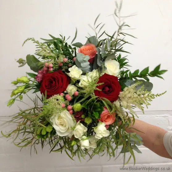 Cream, Coral and Burgundy Wild Flower and Foliage Hand tied Brides Bouquet with Roses, Lissianthus, Hypericum berries, Astilbe and Eucalyptus