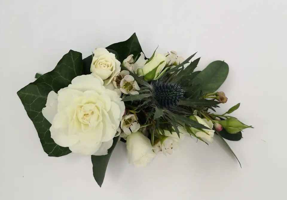 White Rose Wax Flower and Eryngium Pin Corsage