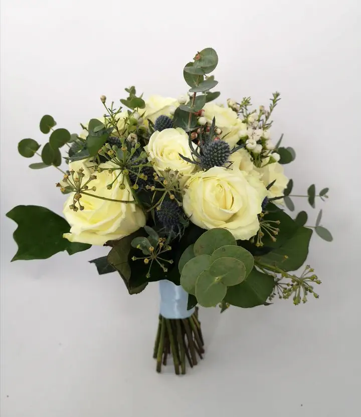 White and Blue Bride Handtied Bouquet