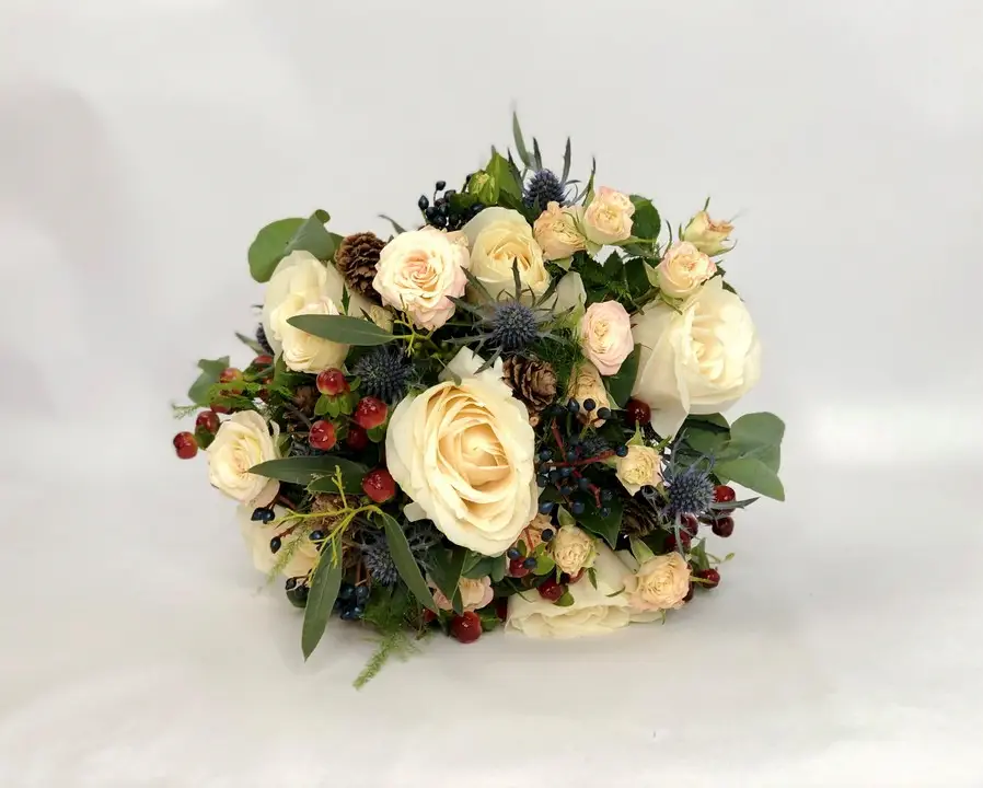 Peach Rose Handtied for Winter Wedding with Berries