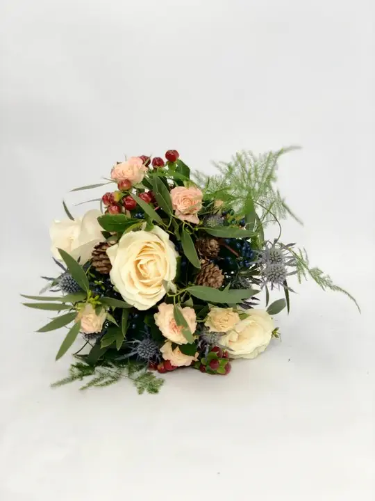 Peach and Blue Bridesmaid Bouquet with Thistle and Berries