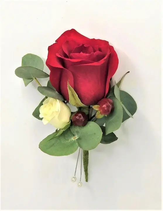Red Rose Buttonhole with Hypericum and Eucalyptus