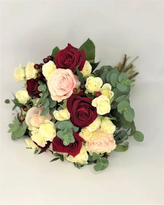 Red Pink and White Rose Bridal Bouquet with Eucalyptus
