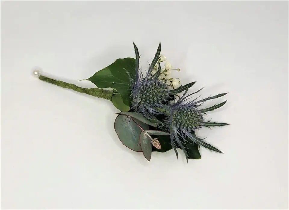 Thistle Boutonniere with Gypsophila and Ivy