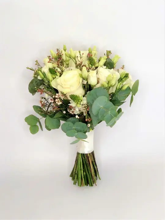 White Rose Bridal Bouquet with Eucalyptus and Waxflower