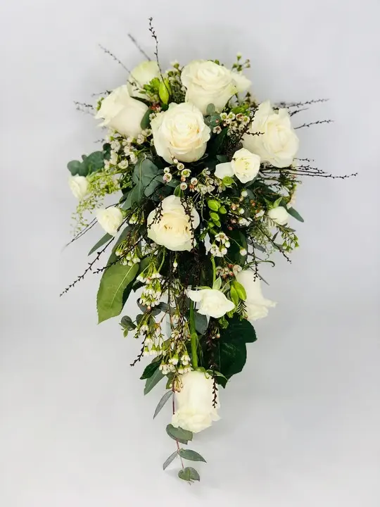 White Rose Teardrop Bouquet with Eucalyptus and Waxflower