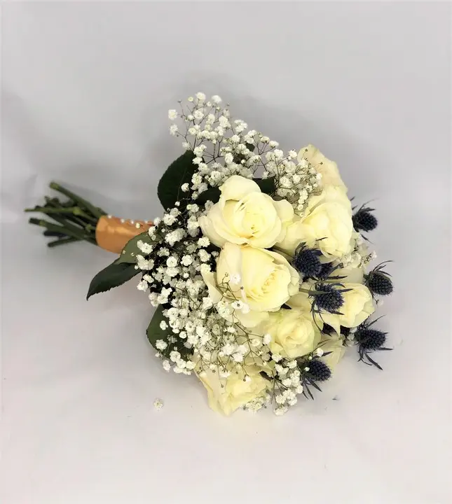 White Rose and Thistle Handtied Bouquet for Bride