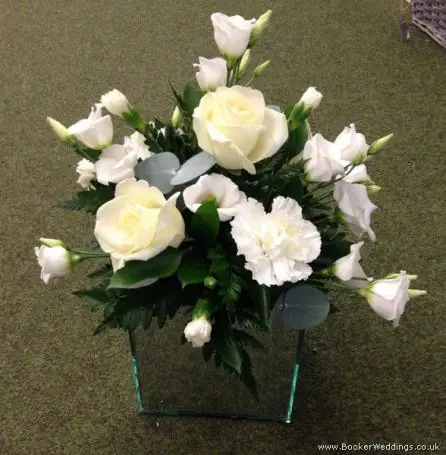 All White Rose Mirror Cube Table Top Arrangement