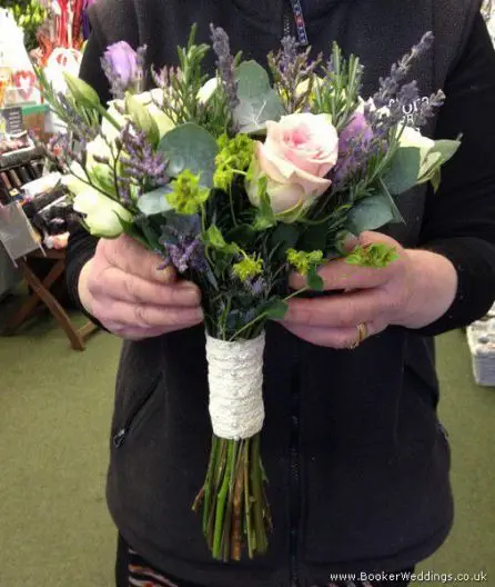 White and Pink Rose with Just Picked Garden Flowers Bridesmaid Side View