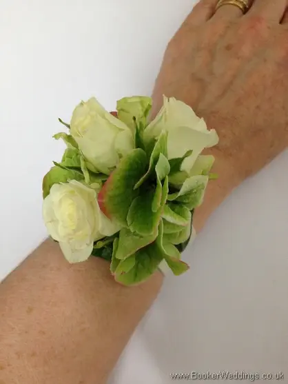 Cream Spray Rose and Green Hydrangea Wrist Corsage Side View