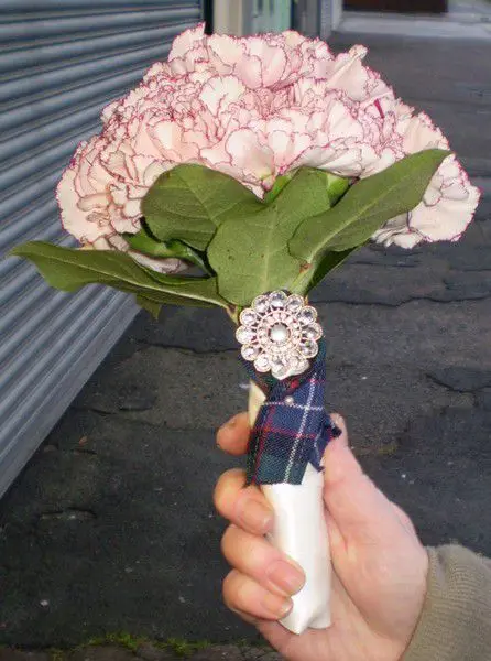 Burgundy tinged carnation bridesmaid bouquet - side