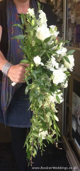 All White Rose and Orchid Brides Shower Bouquet Side 1 view