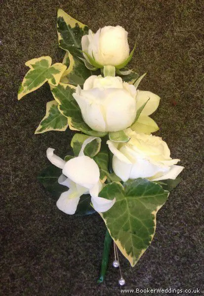 All White Roses and Orchids Buttonhole