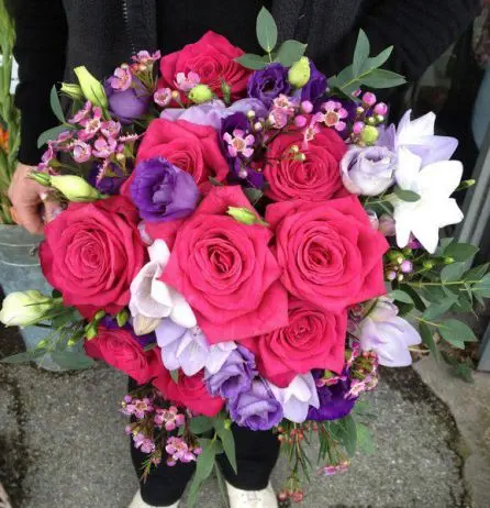 Cerise Pink Rose and Purple Brides Bouquet