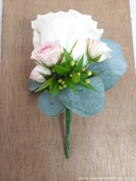 Avalanche Rose and Pink Spray Rose Wedding Buttonhole for Groom