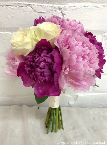 Bride Hand Tied  Bouquet of Avalanche Roses and Peonies with Ribbon Handle