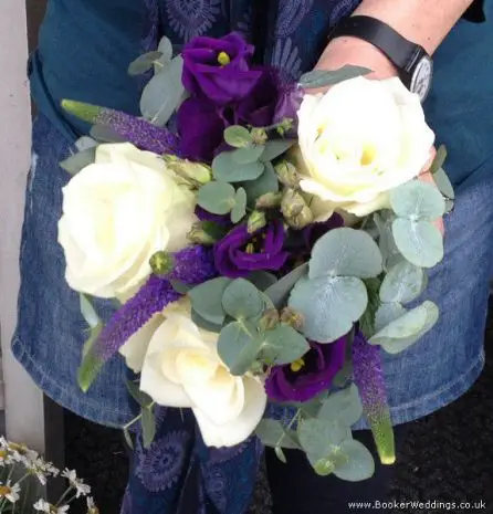 Purple and White Rose Freesia and Lissanthus Bridesmaid Bouquet