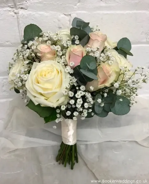 Bride Handtied Wedding Bouquet of Peach and Cream Roses Gypsy Grass and Eucalyptus