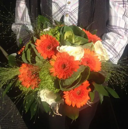 Orange Gerbera White Roses and Green Brides Bouquet