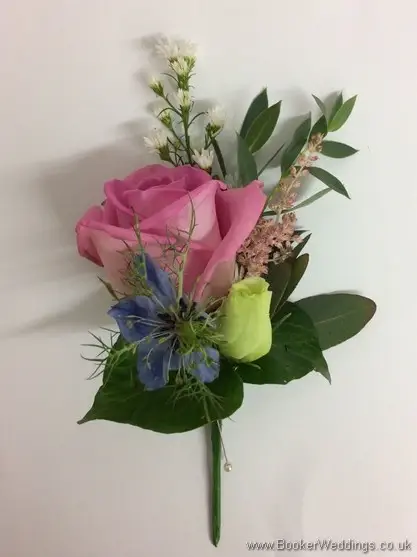 Pink, cream and blue rustic Grooms buttonhole with rose, lissianthus, aster daisy and nigella