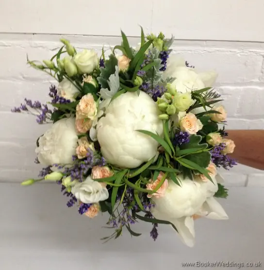 Just Picked English Country Garden Cream and Purple Bridal Bouquet with Peonies, Lissianthus, Spray Roses, and Lavender