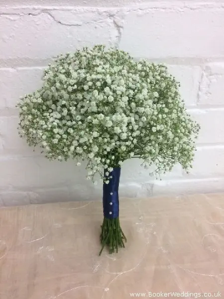 Gypsophila handtied bouquet for Bridesmaid with blue ribbon handle