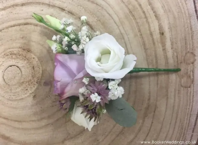 Lilac Rose White Lissianthus Astrantia and Gypsy Grass Buttonhole for Wedding Party