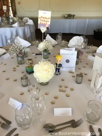 Wedding Table Centre with Peony Gyp and Roses in Personalised Glass Jars
