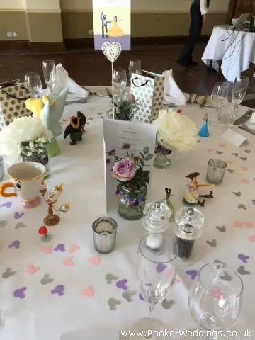 Wedding Table Centre with Peony and Roses in Glass Jars Disney Theme