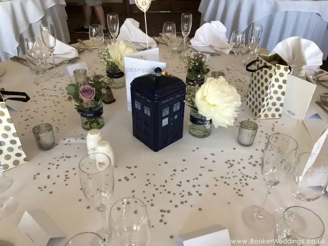Wedding Table Centre with Peony and Roses in Glass Jars Dr Who