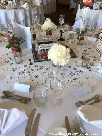 Wedding Table Centre with Peony and Roses in Glass Jars Football Theme