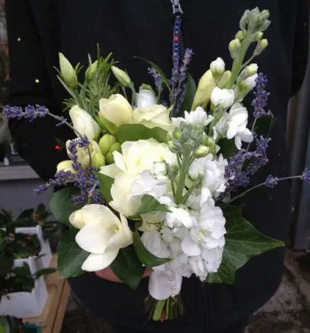 Flower Girl Bouquet White Flowers and Lavender Side