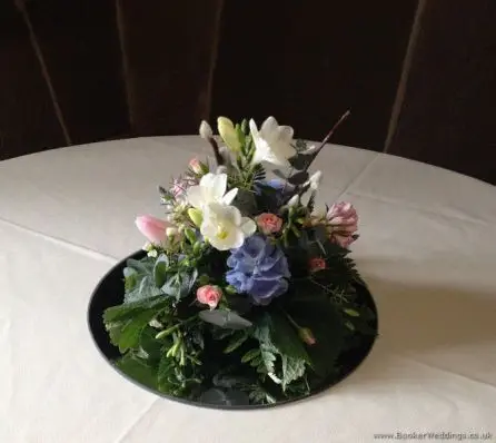 Pink and Blue Mirror Plate Centrepieces at West Tower Aughton