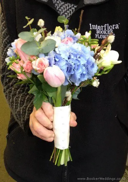 Pink and Blue Semi Wild Flowers Hand-Tied Bridesmaid Bouquet with Hydrangea, Ranunculus, Freesia, Muscari, Tulips, Spray Roses, Hyacinth Side View