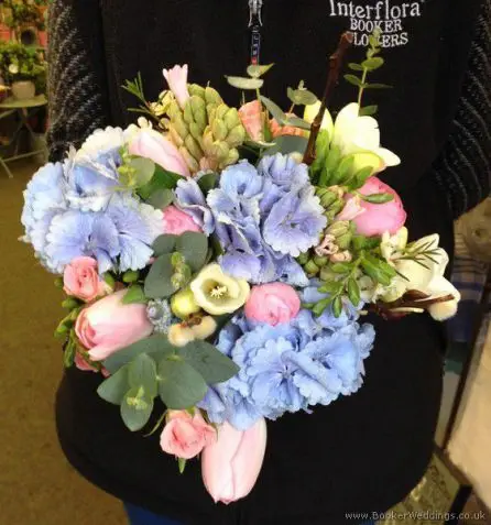Pink and Blue Semi Wild Flowers Hand-Tied Bridesmaid Bouquet with Hydrangea, Ranunculus, Freesia, Muscari, Tulips, Spray Roses, Hyacinth