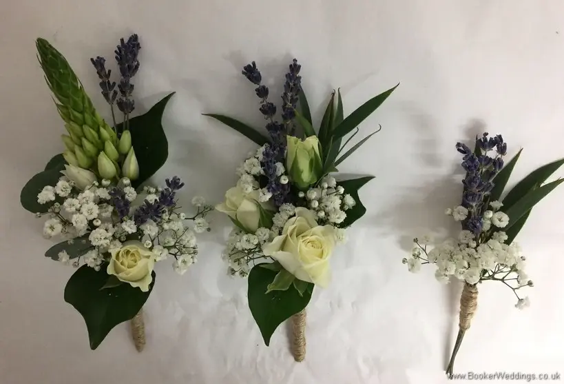 Semi-wild Lavender and White Bridal Party Buttonholes and Pin Corsages Side View