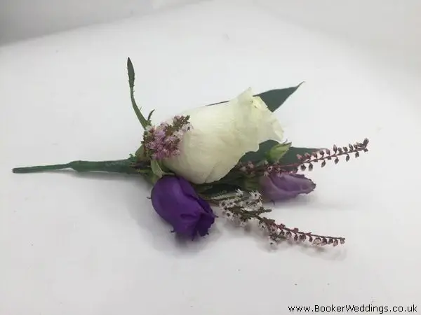 White Rose Purple Lisianthus and Heather Buttonhole