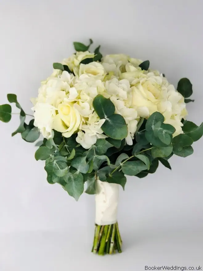 Bride White Rose Hydrangea and Euc Bouquet