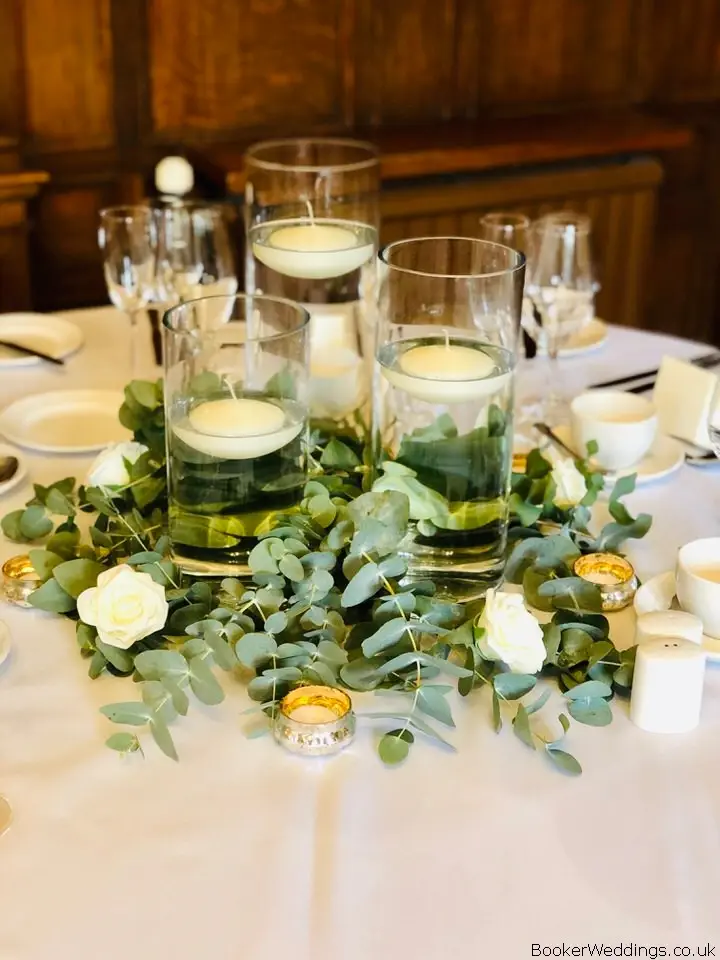 Table Centrepiece and Candles for White Wedding