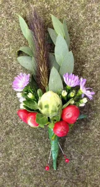 Carthumus Hypericum and Aster Grooms Buttonhole - Jungle Wedding Zoo