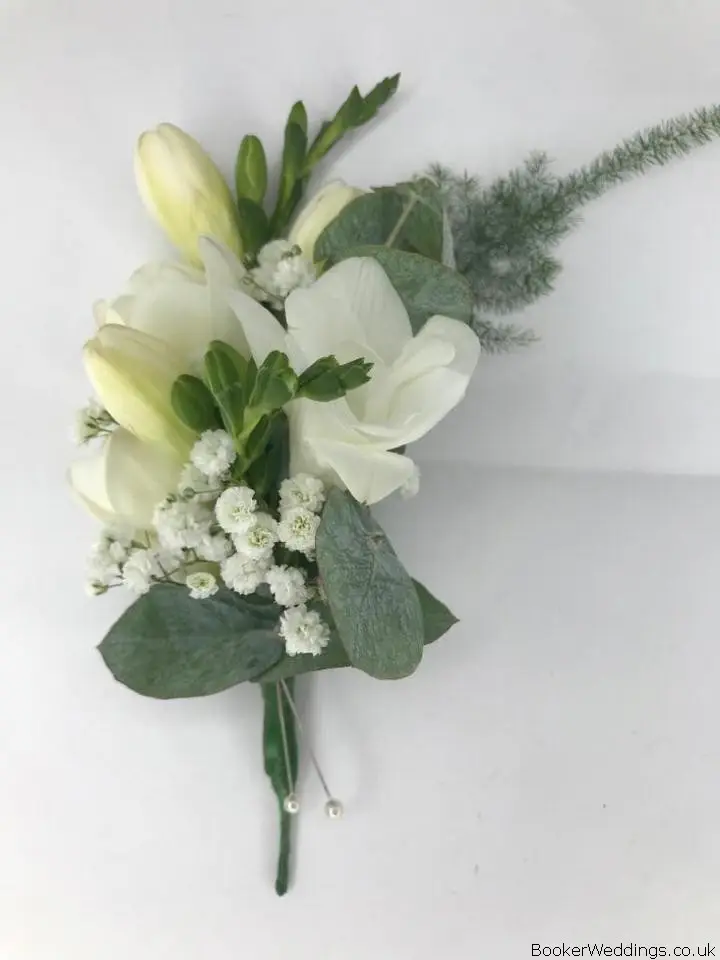 Groom White Freesia and Gyp Buttonhole