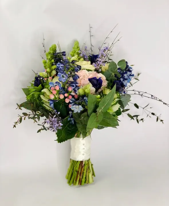 Pastel Bridal Bouquet with Hydrangea Delphinium and Ginesta