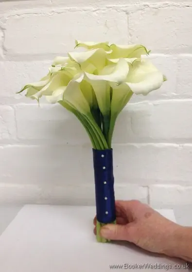 All White Bridal Bouquet of Calla Lillies with Navy Ribbon Side View