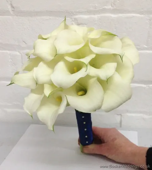 All White Bridal Bouquet of Calla Lillies with Navy Ribbon Tilted View
