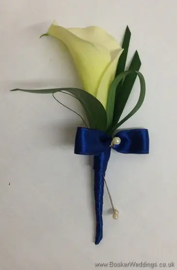 All White Calla Lily Grooms Buttonhole with a Navy Ribbon