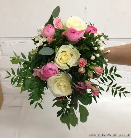 Semi-wild pale pink and cream with lots of textures & foliage Bridal Bouquet with roses, ranunculus, bouvardia, spray roses and eucalyptus
