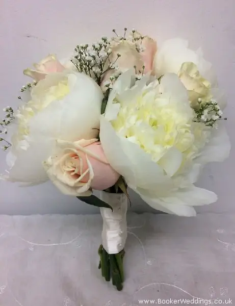 Bridesmaid Wedding Flowers Of Peach Roses White Peonies and Gyp