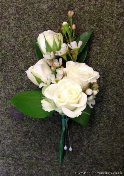 All White Wedding Flower Pin Corsage with Spray Roses and Waxflowers